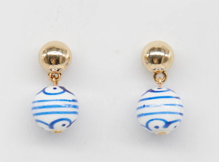 Ceramic balls w blue stripes earrings
