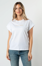 Load image into Gallery viewer, Cuff sleeve tshirt white w gold logo
