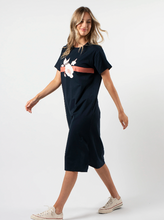 Load image into Gallery viewer, Maxie tshirt dress navy rose floral with stripe
