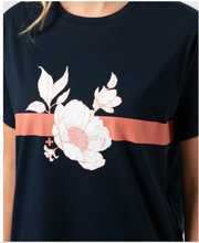 Load image into Gallery viewer, Maxie tshirt dress navy rose floral with stripe
