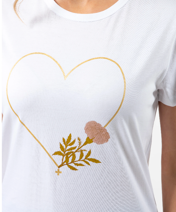 White fiore with gold heart tshirt