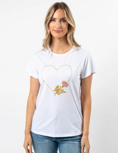 Load image into Gallery viewer, White fiore with gold heart tshirt
