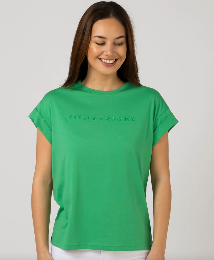 Cuff sleeve green embroidered logo t shirt