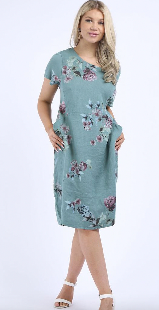 Fleur bouquet linen dress spearmint